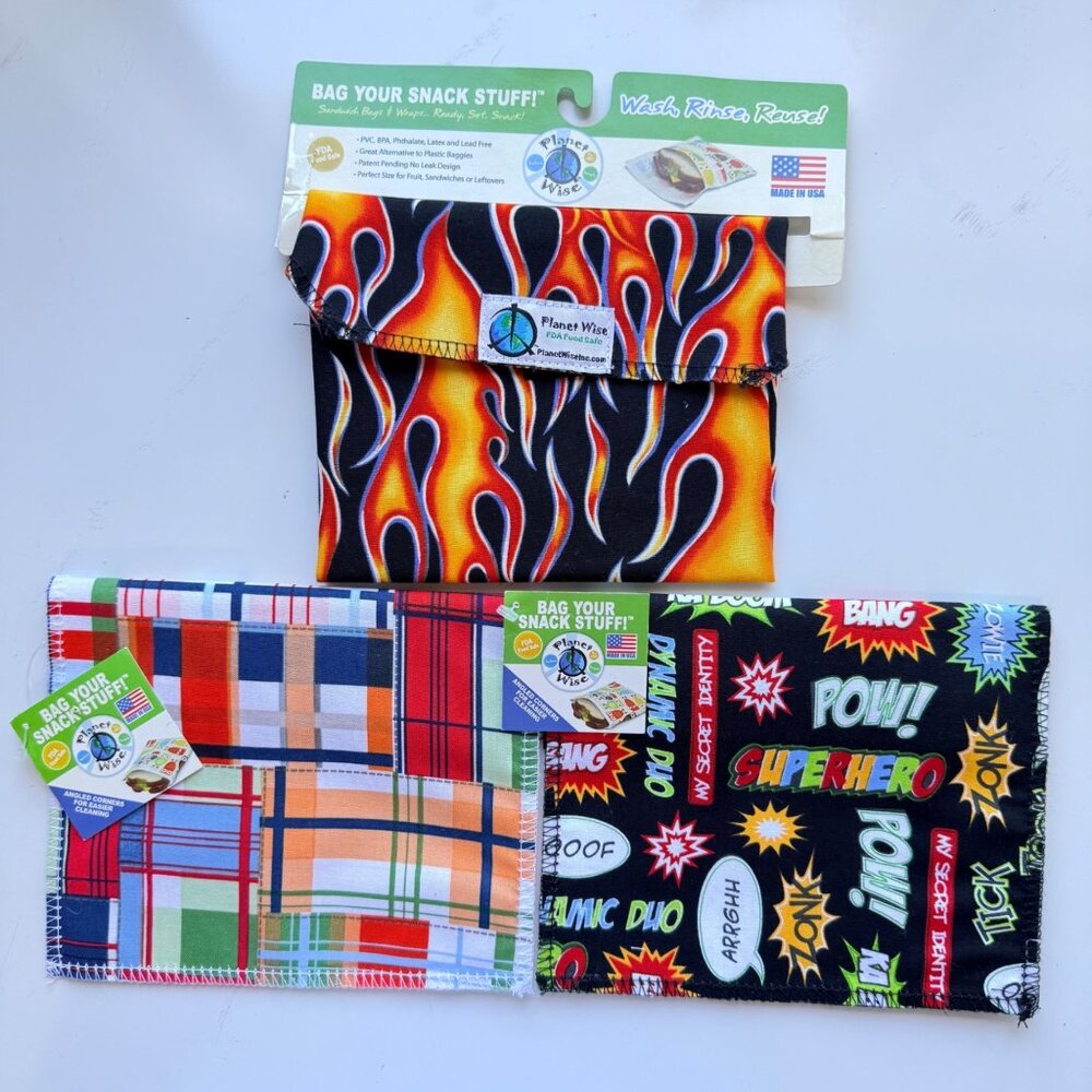 Planet Wise Sandwich Wrap Flame,Picnic Plaid and Superhero Reusable Food Bag